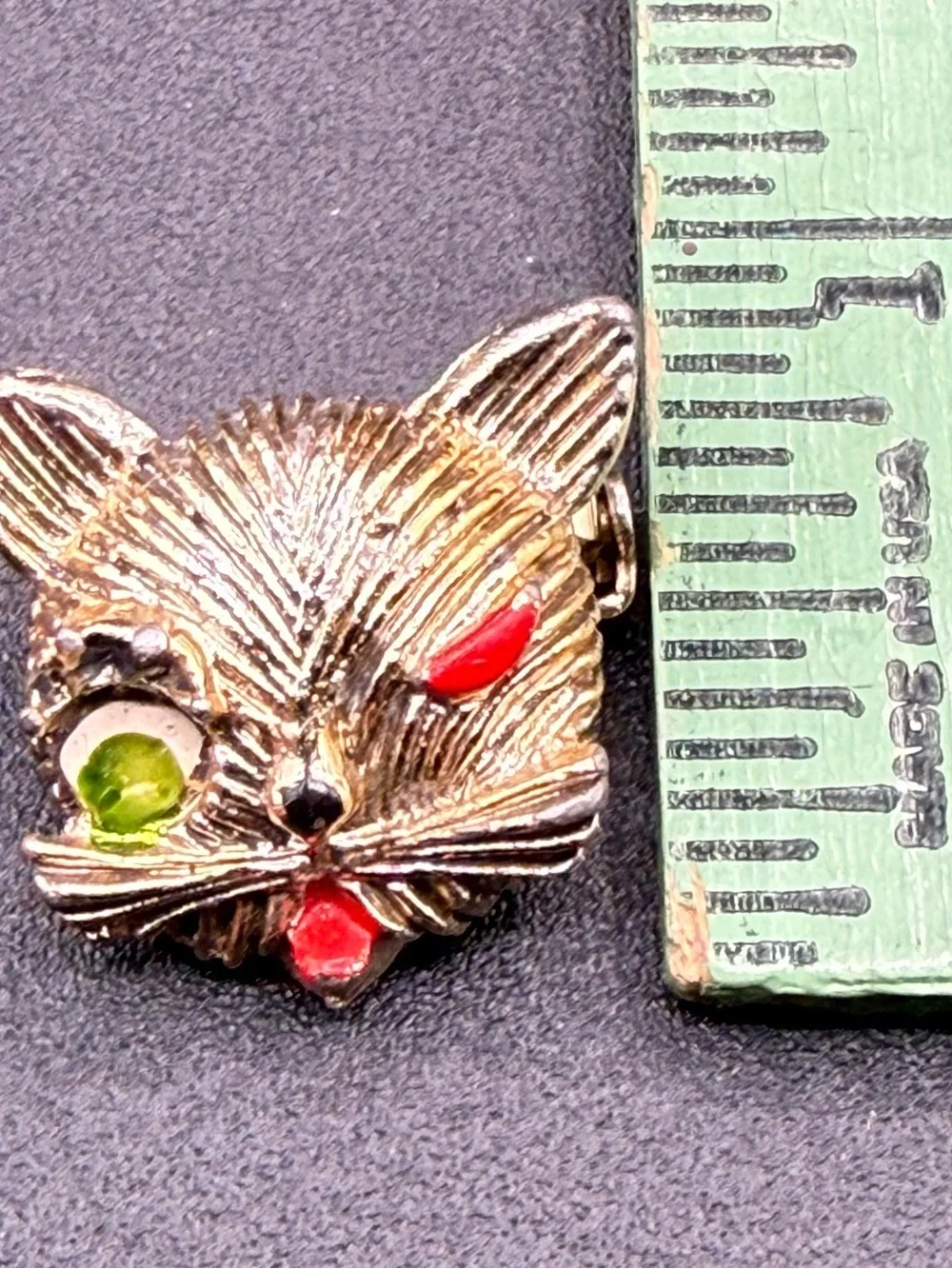 Gold Cat Face Pin Brooch with Winking Eye Red and Green Accents